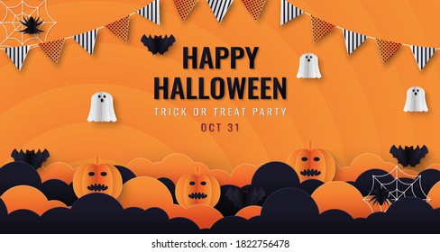Happy Halloween 
banner or party invitation background with dark clouds and pumpkins and ghost. Spiders web and flying bats in paper art style. Vector illustration