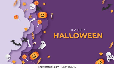 Happy Halloween banner or party invitation background with pumpkins in paper cut style. Vector illustration. Bats, candies, ghosts, skulls and stars. Place for text