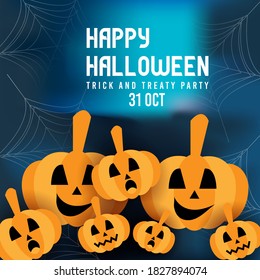 Happy Halloween banner or party invitation background with  pumpkins in paper cut style.Scary spiderweb of halloween symbol. Vector illustration.
