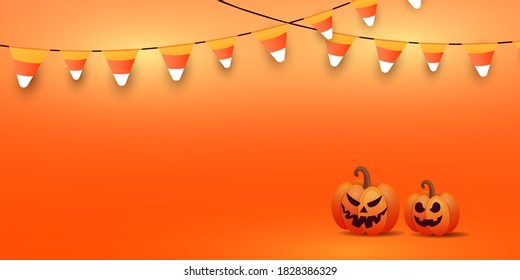 Happy Halloween banner or party invitation background with stylish pumpkin faces, glowing candy garlands on orange gradient background. Vector illustration with copyspace