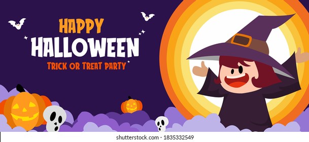Happy Halloween banner or party invitation background with night clouds and pumpkins in flat design style. Vector illustration. Kids costume , spiders web and flying bats. Place for text