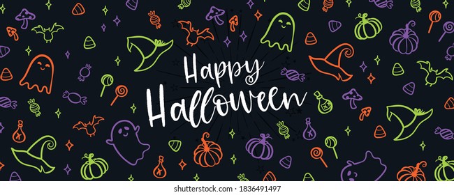 Happy Halloween Banner or Party Invitation, hand drawn background with candies, pumpkins, ghosts and decoration. Vector design