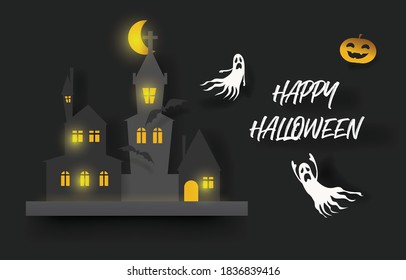 Happy Halloween banner or party invitation background with  pumpkins, bat, ghost, in paper cut style. design for halloween party or halloween festival Vector illustration. 
