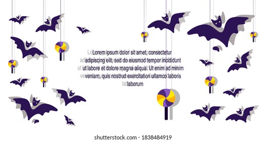 Happy Halloween Banner or Party Invitation Template. White Bright Greeting Card with Funny Bats, Spiders, Flittermouses and Text.Happy Halloween Celebration Text Poster.Flat Design Vector Illustration