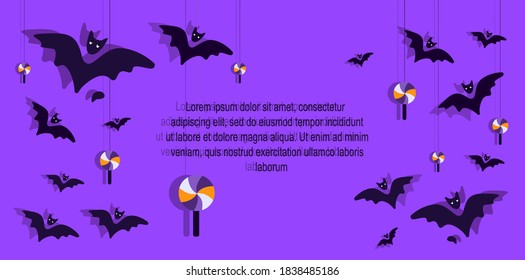 Happy Halloween Banner or Party Invitation Template. Purple Bright Greeting Card with Funny Bats,Spiders,Flittermouses and Text.Happy Halloween Celebration Text Poster. Flat Design Vector Illustration