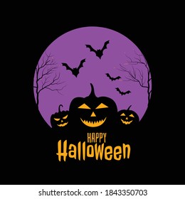 Happy Halloween banner or party invitation background with bats and pumpkins in paper cut style. Vector illustration. Black, Purple and Yellow artwork
