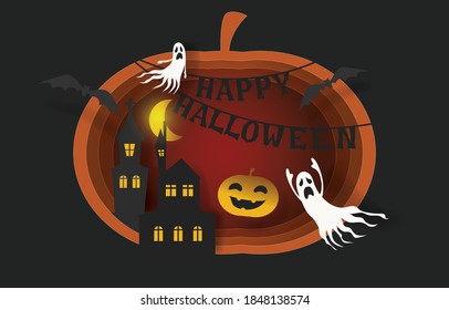 Happy Halloween banner or party invitation background with  pumpkins, bat, ghost, in paper cut style. design for halloween party or halloween festival Vector illustration. 