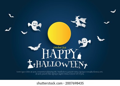 Happy Halloween banner or party invitation background with night clouds and ghosts in paper cut style. vector illustration Full moon in the sky, witches and flying bats.