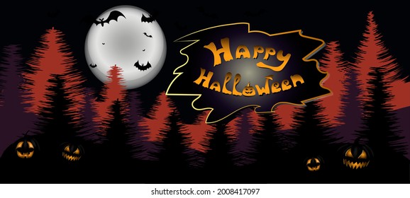 Happy Halloween banner or party invitation. Background with night forest and full moon.