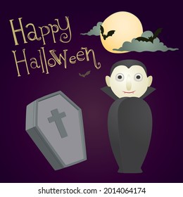 Happy Halloween banner or party invitation purple background with Dracula, coffin,and bats. Vector illustration. Full moon in the nigth sky.