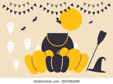 Happy Halloween banner or party invitation. Cartoon vector illustration. Full moon in the sky, spiders web and flying bats. Broom, bowler, ghost. Cartoon flat illustration.