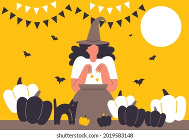 Happy Halloween banner or party invitation. Cartoon vector illustration. Full moon in the sky, spiders web and flying bats. Broom, bowler, ghost, witch. Cartoon flat illustration.