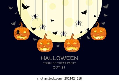 Happy Halloween banner or party invitation background with bats, pumpkin jack o lantern traditional vector illustrations. Full moon in the sky , spider web, star . Place for text.