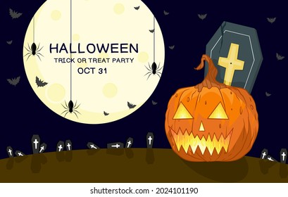 Happy Halloween banner or party invitation background with night moon pumpkin. Jack o lantern spider web flying bats. Place for text vector illustrations cartoon trick or treat party.