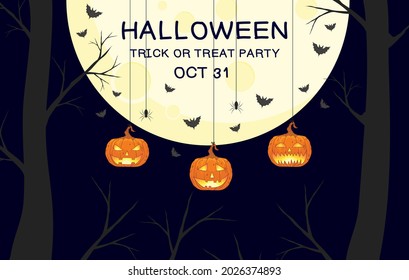 Happy Halloween banner or party invitation background with night bats, pumpkin jack o lantern vector illustrations. Full moon tree spider web. Place for text.