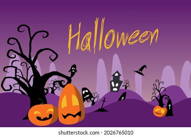 Happy Halloween banner or party invitation background with night clouds and pumpkins in drawing style. Vector illustration. Full moon in the sky, ghost and flying soul.