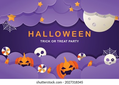 happy Halloween banner, Halloween party invitation. Halloween background with elements cloud, full moon, pumpkin, star, candy, spider net, skull. vector illustration design template