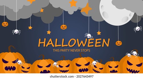 Happy Halloween banner or party invitation background with night clouds and pumpkins in paper cut style. Vector illustration. Spiders and pumpkins. Place for text. EPS 10.