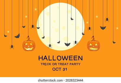 Happy Halloween banner or party invitation orange background with bats spiderwebs and pumpkin jack o lantern . Full moon in the sky. Place for text. Vector illustrations.