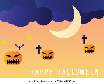 Happy Halloween banner or party invitation background with night clouds and pumpkins in paper cut style. vector illustration moon in the sky and bats flying crosses place to enter text