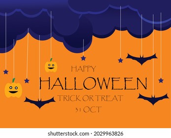 Happy Halloween banner or party invitation background with night clouds and pumpkins in paper cut style. Vector illustration. , spiders web and star in sky flying bats. Place for text