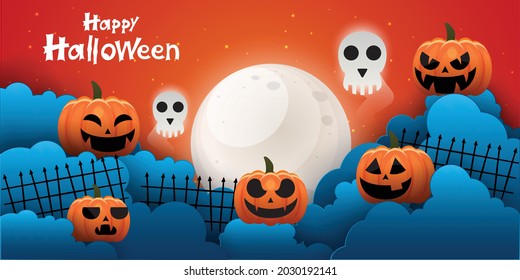 Happy Halloween banner or party invitation background with night clouds and pumpkins style. Vector illustration. Full moon in the sky