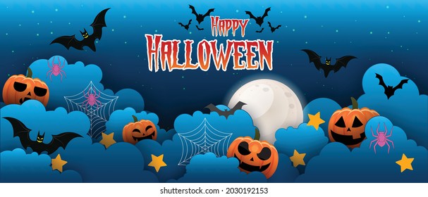 Happy Halloween banner or party invitation background with night clouds and pumpkins style. Vector illustration. Full moon in the sky, spiders web and flying bats. Place for text