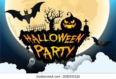 Happy Halloween banner or party invitation background with night clouds and pumpkins style. Vector illustration. Full moon in the sky, spiders web and flying bats. Place for text