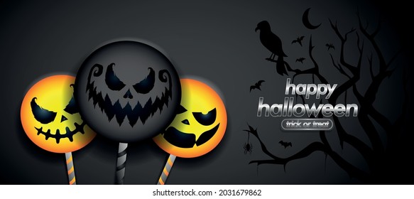 Happy Halloween banner or party invitation background with candy scary. Vector illustration. 