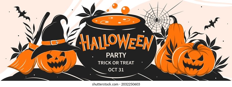 Happy Halloween banner or party invitation. Composition with pumpkins, vat of potion and broom.Vector illustration