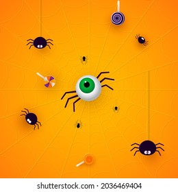 Happy Halloween banner or party invitation orange background with spiders and sweets in paper cut style. Vector illustration. Place for text