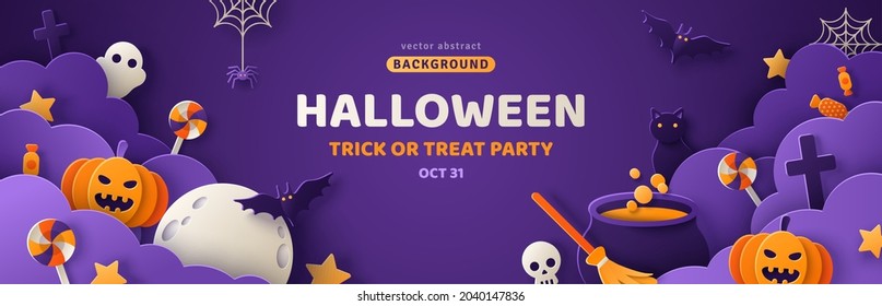 Happy Halloween banner or party invitation background with night clouds and pumpkins in paper cut style. Vector illustration. Full moon, witch cauldron, spiders web and flying bat. Place for text
