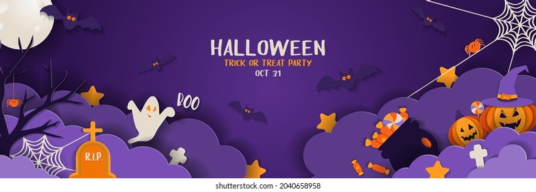 Happy Halloween banner or party invitation background with night clouds and pumpkins in paper cut style. Full moon in the sky, ghost, spiders web and flying bats. Vector illustration