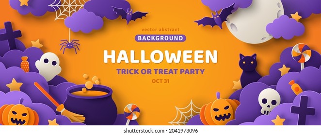 Happy Halloween banner or party invitation background with clouds, bats and pumpkins in paper cut style. Vector illustration. Full moon in orange sky, spiders web and witch cauldron. Place for text