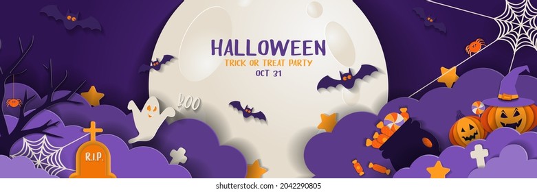 Happy Halloween banner or party invitation background with night clouds and pumpkins in paper cut style. Full moon in the sky, ghost, spiders web and flying bats. Vector illustration