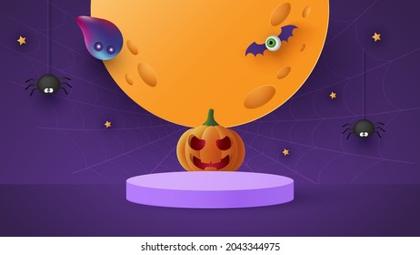 Happy Halloween banner or party invitation background with moon, bats and funny pumpkins Vector illustration. Full moon in the sky, spider webs and stars.