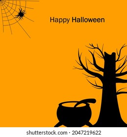 Happy Halloween banner or party invitation background with cobweb, spider, creepy tree and witch's cauldron. Vector illustration. Place for text