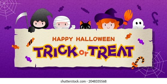 Happy Halloween banner or party invitation with square frame and flat  icons set. Trick or Treat Concept. Vector Illustration with purple background.