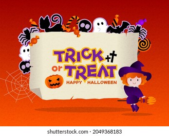 Happy Halloween banner or party invitation with square frame and flat halloween icons set. Trick or Treat Concept. Vector Illustration with orange background.