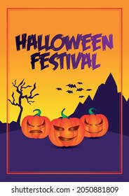 Happy Halloween banner or party invitation background with night clouds and pumpkins