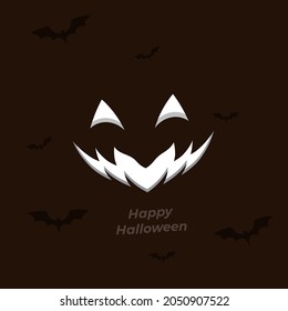 Happy Halloween banner or party invitation background with night clouds and pumpkins in paper cut style. Vector illustration. Full moon in the sky, spiders web and flying bats. Place for text