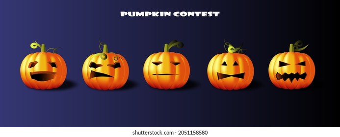 Feliz banner de Halloween o antecedentes de invitación de fiesta con cinco caracteres de expresión facial de calabaza