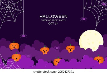 Happy Halloween banner or party invitation background with pumpkin jack o lantern spiderwebs on purple background. Cartoon style vector illustrations background. 