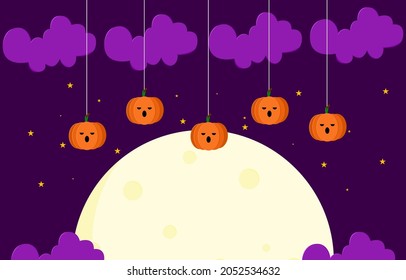 Happy Halloween banner or party invitation background with pumpkin jack o lantern spiderwebs on purple background. Cartoon style vector illustrations background. 