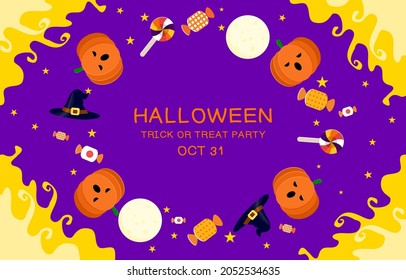 Happy Halloween banner or party invitation background with pumpkin jack o lantern spiderwebs on purple background. Cartoon style vector illustrations background. 