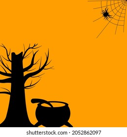 Happy Halloween banner or party invitation background with cobweb, spider, tree and witch's cauldron. Place for text