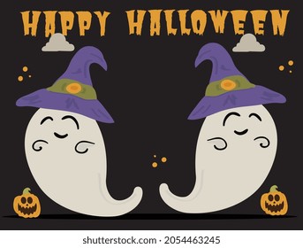 Happy Halloween banner or party invitation background with night clouds and pumpkins in paper cut style. Vector illustration. Full moon in the sky, spiders web and flying bats. Place for text
