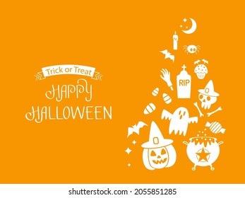 Happy Halloween banner or party invitation background with jack lamp, skull,  witch's cauldron, ghost, grave, worms, spider, ghost, eye, candy. Vector illustration on orange background