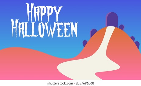 Happy Halloween banner or party invitation background with tombstones and orange mountain in flat style. Autumn Fall graphic. Place for text for print and web