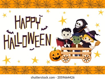 Happy Halloween banner or party invitation background pumpkin and undead character in flat style. Photo frame spider web with deathly and witch in rickshaw. Place text in frame